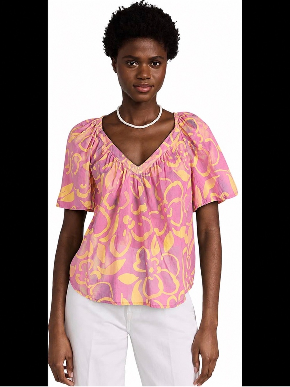 Velvet by Graham & Spencer Pink and Yellow Floral V-Neck Puff Sleeve Blouse